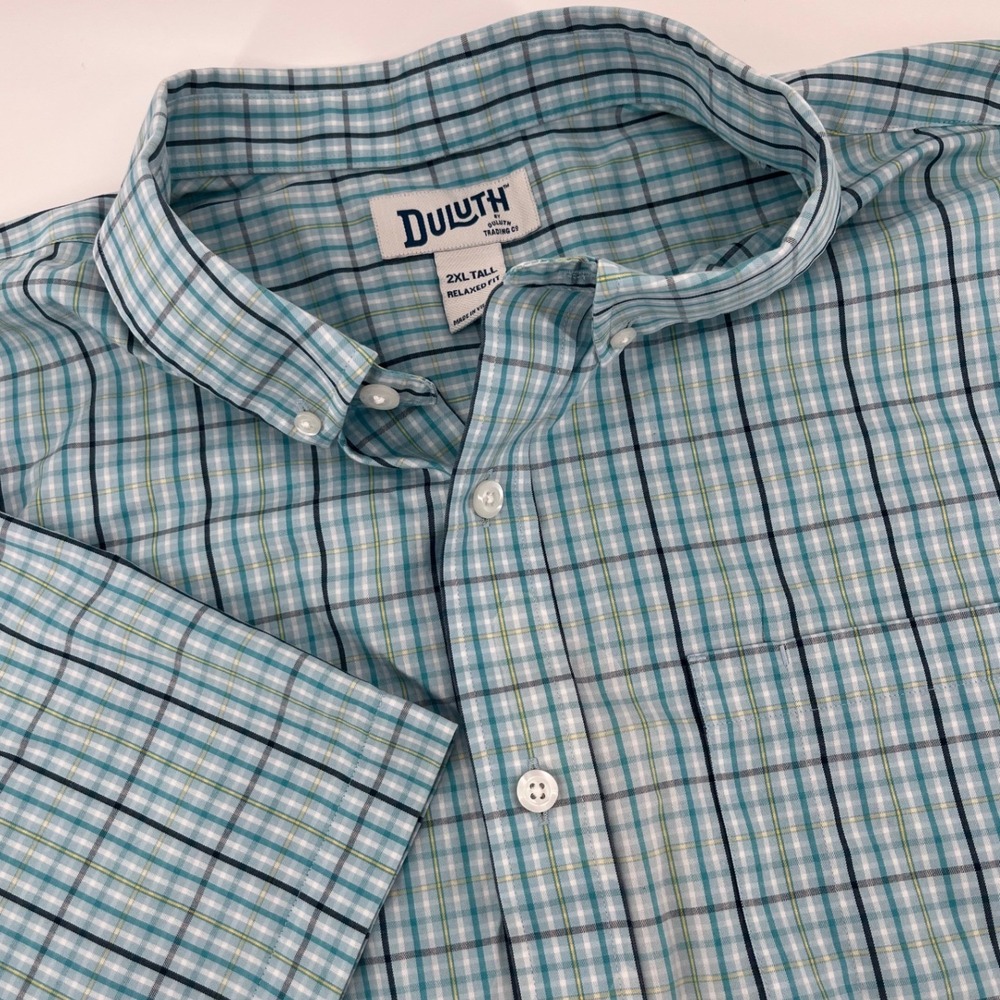 Duluth Trading Co Plaid Shirt Mens 2XL Tall Teal Short Sleeve Relaxed Fit